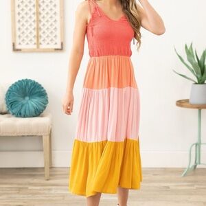 NWOT Pink Smocked Tiered Midi Sundress